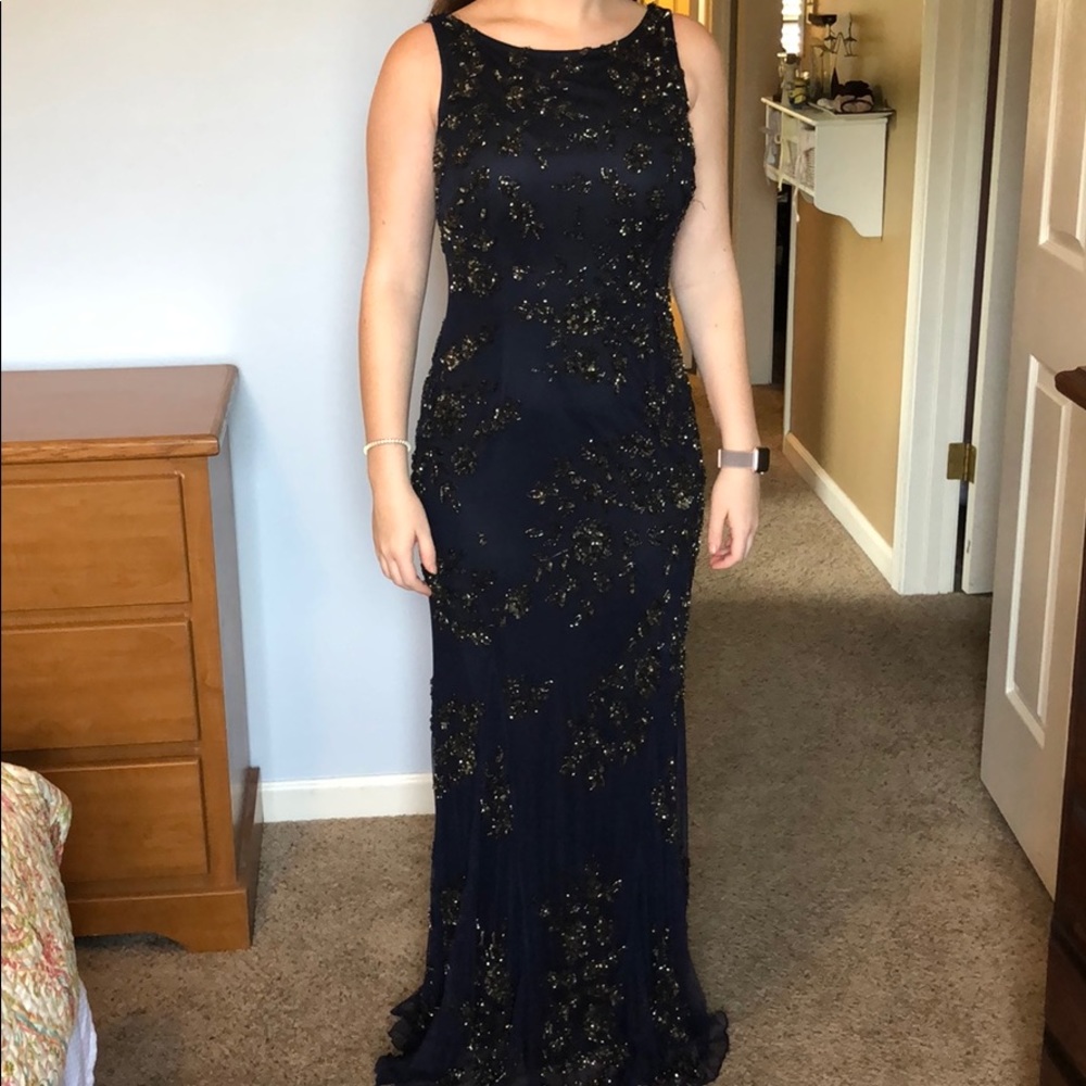 SOLD: Navy and gold sequin long formal gown